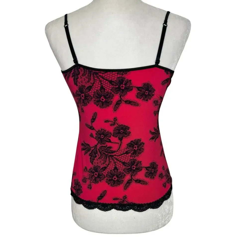 Jockey Vintage Y2K Pink Black Camisole Spaghetti Straps Sexy Lace Trim Medium